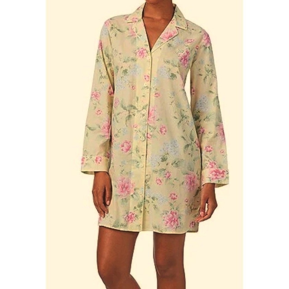 Lauren Ralph Lauren Sleep Shirt XL Ivory French Floral Cotton Button Front #819